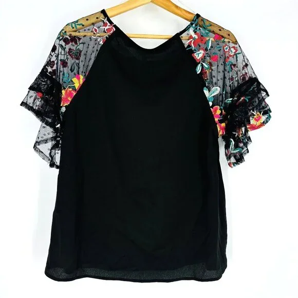 Umgee Black Floral Embroidered Tiered Ruffle Sleeve Boat Neck Top Blouse Size S - Picture 5 of 8